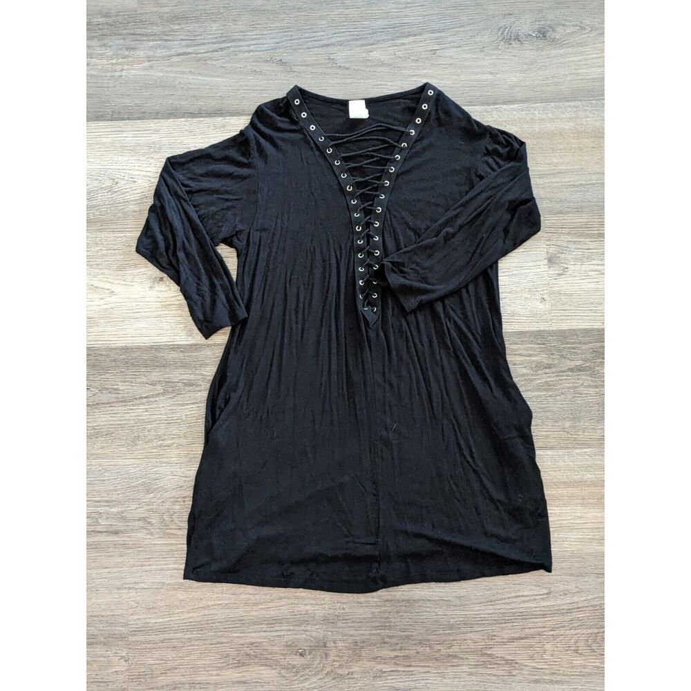 Black Romantic 3/4 Sleeve Blouse Lace Up Front RenFair Peasant Goth Boho Tunic M